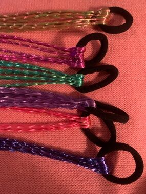 Set of Colorful Braided Hair Tinsel Extensions with Black Elastics